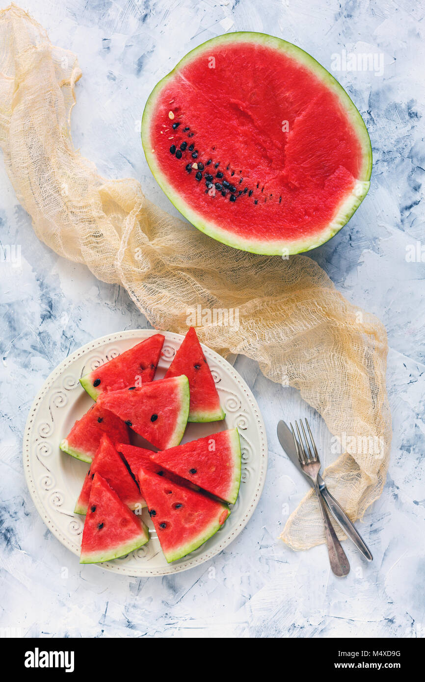 Watermelon sliced on the porcelain dish. Stock Photo