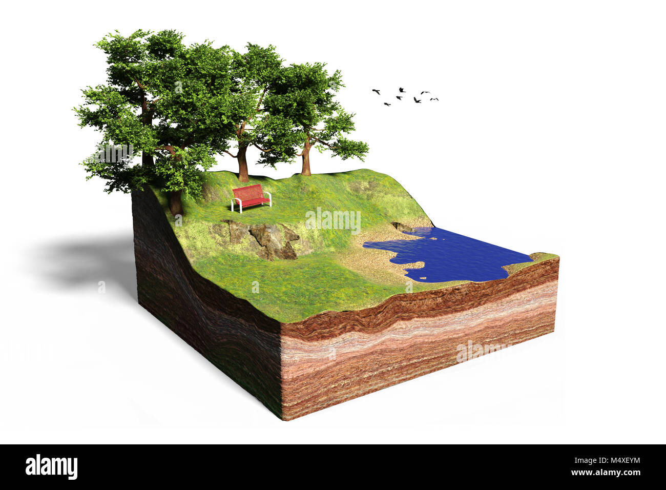 cross section of ground with lake, forest, beach and bench, idyllic park with trees cube concept (3d illustration, isolated on white background) Stock Photo