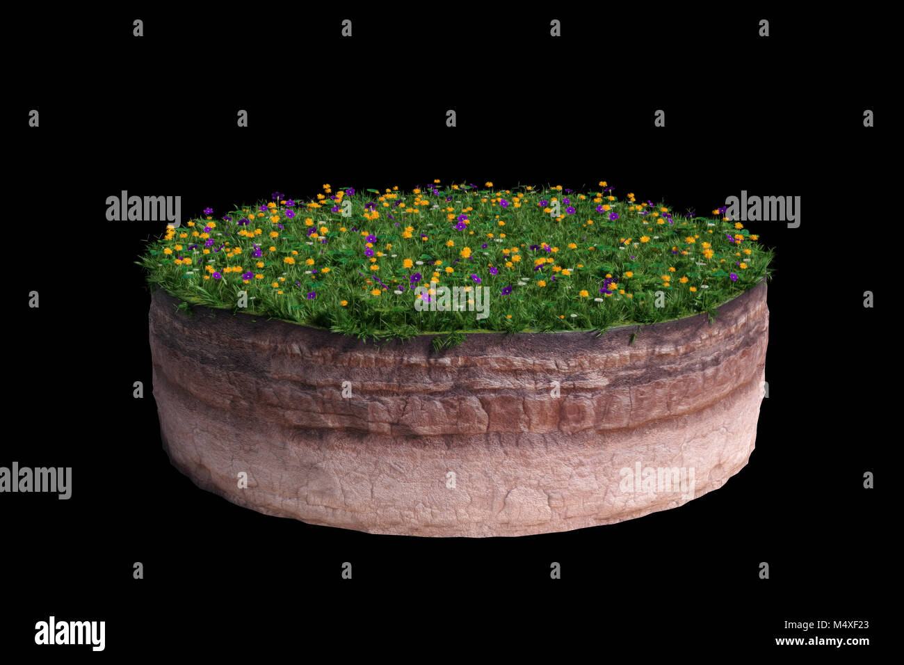 model of a cross section of ground with grass and flowers on the surface (3d illustration, isolated on black background) Stock Photo