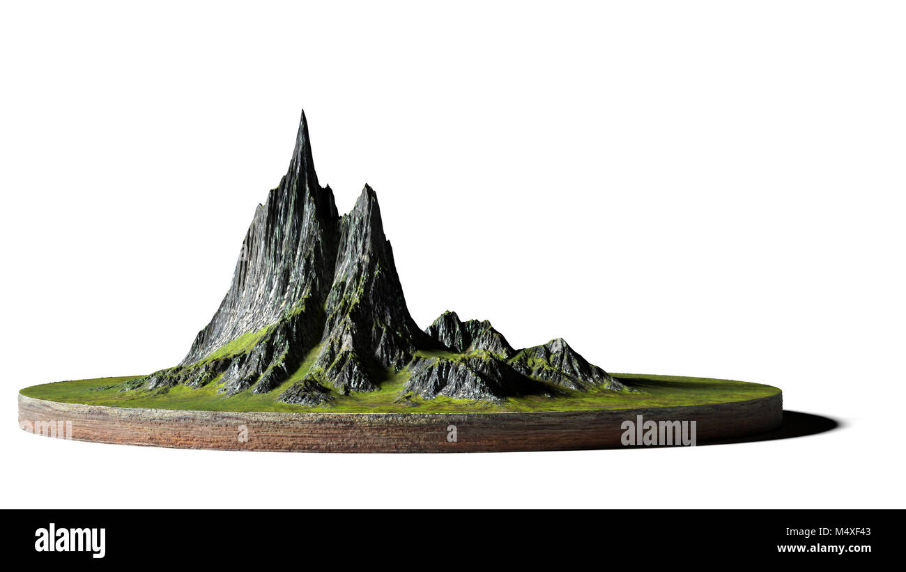 model of a cross section of ground with mountains and meadows (3d illustration, isolated on white background) Stock Photo