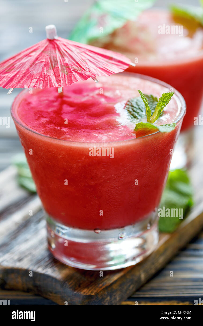 Cold watermelon smoothie in a glass. Stock Photo