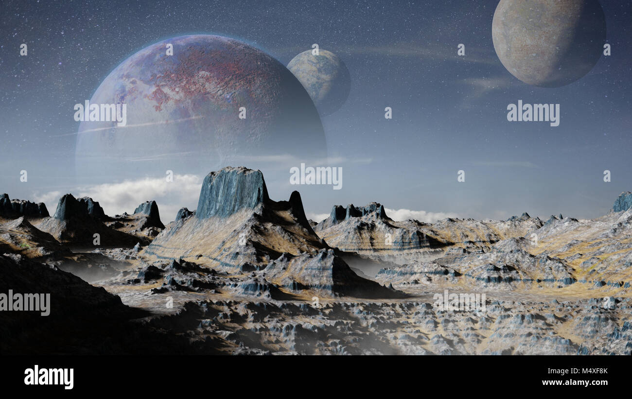 alien planet landscape with three moons Stock Photo
