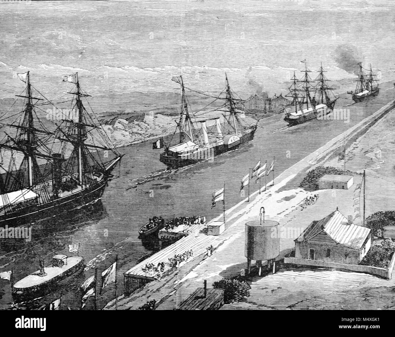 Ships Navigating the Suez Canal Egypt (Engraving, 1888) Stock Photo