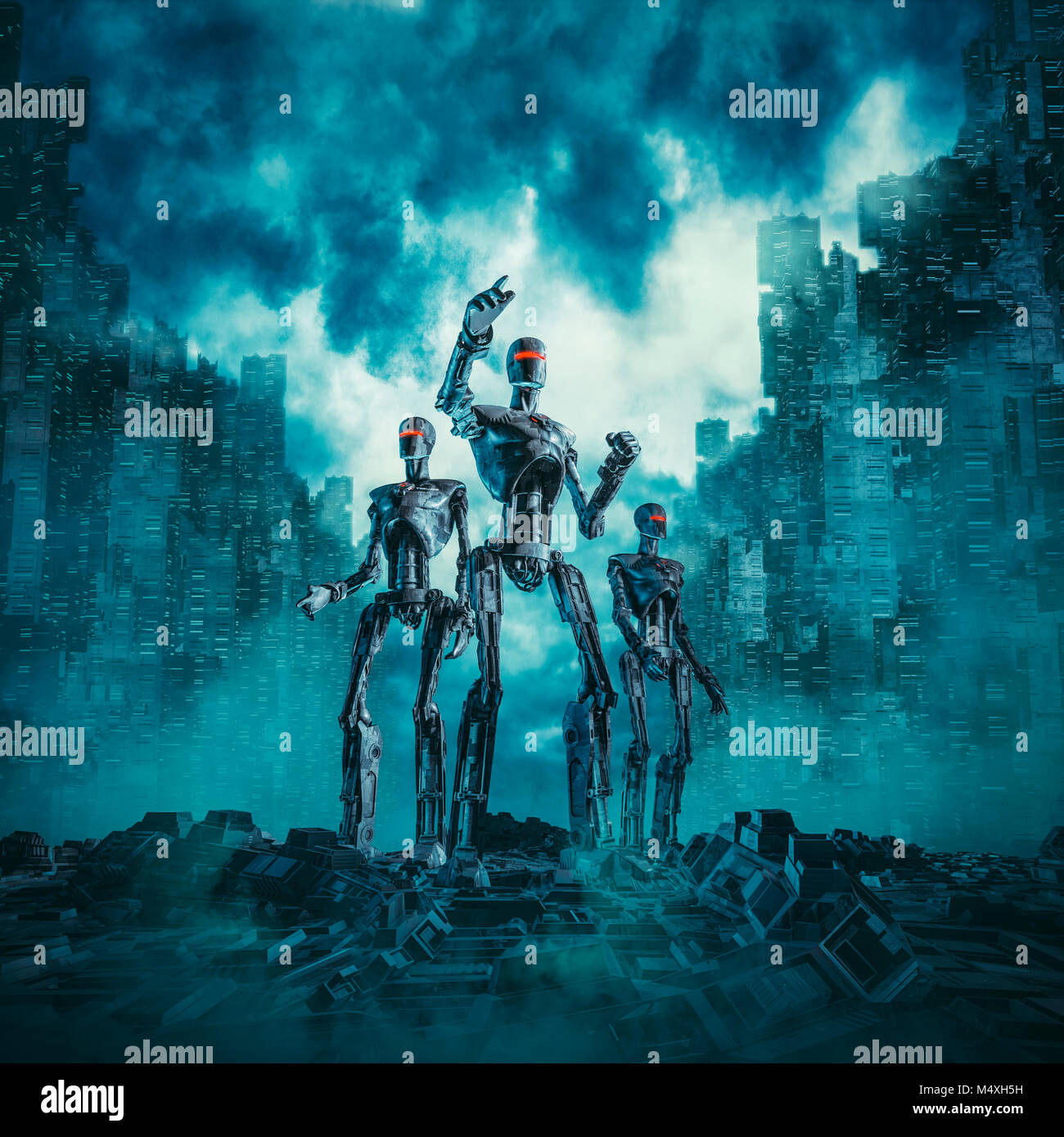 Robots on patrol / 3D illustration of science fiction scene with three military robots searching ruins of futuristic dystopian city Stock Photo