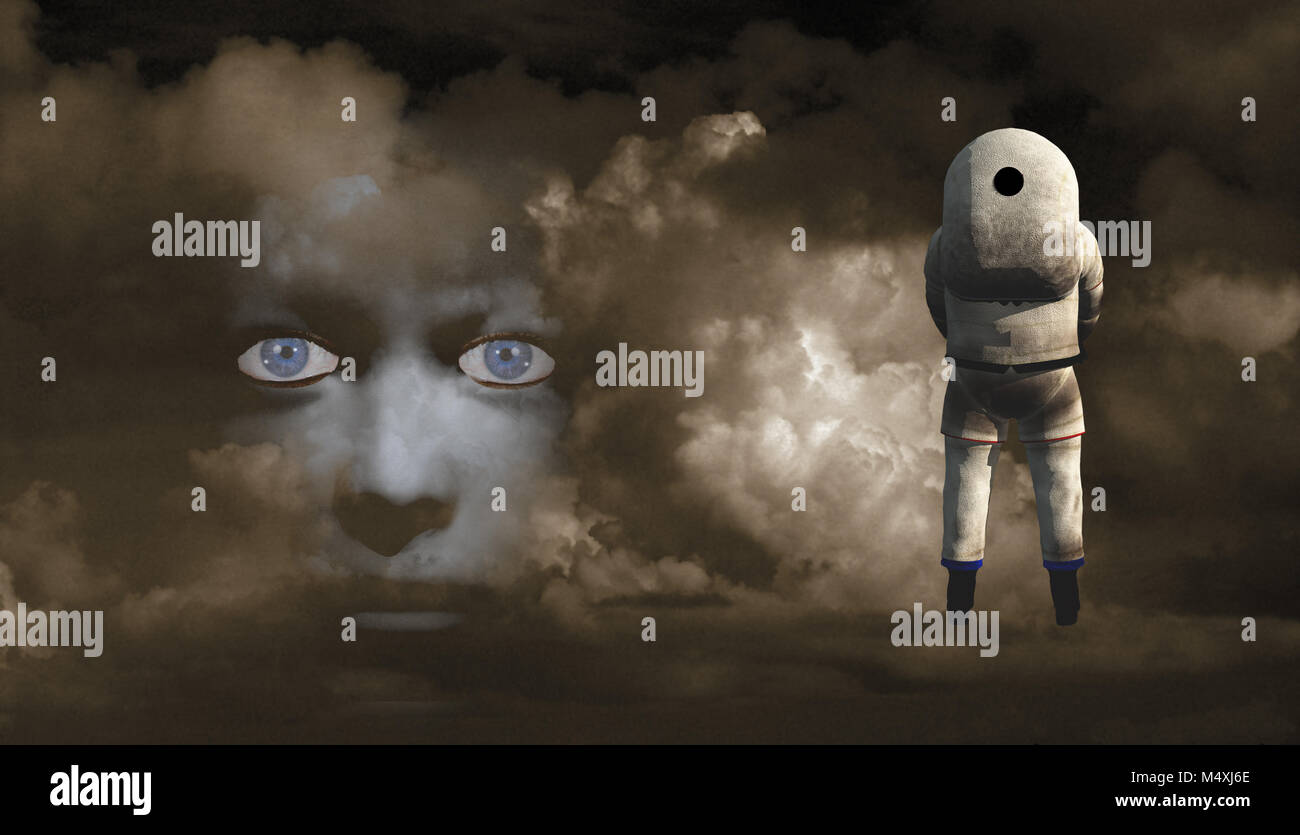 Surrealism. Astronaut stands before woman's face in clouds. Stock Photo