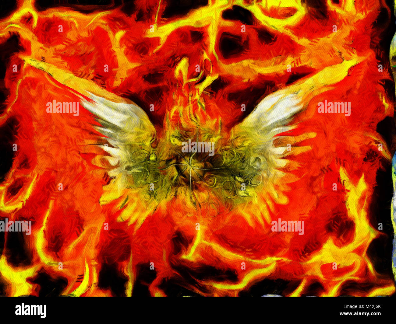 Surreal painting. Burning eye with wings. Flaming background Stock Photo Alamy