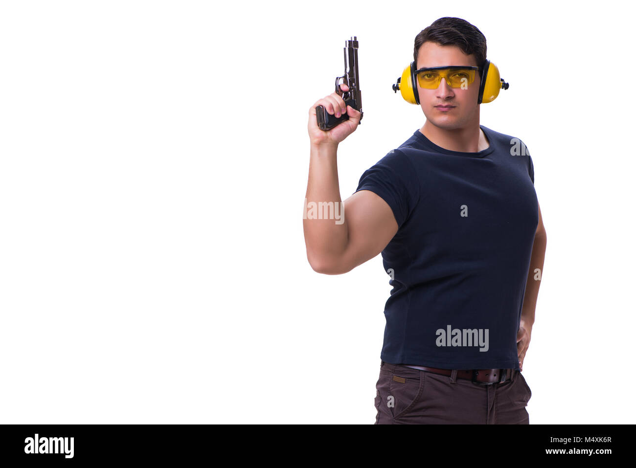 Man doing sport shooting from gun isolated on white Stock Photo Alamy