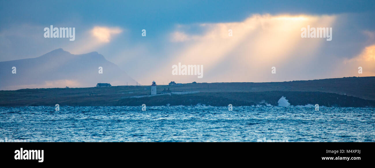 Evening over Ballyglass Lighthouse, Broadhaven Bay, County Mayo, Ireland. Stock Photo