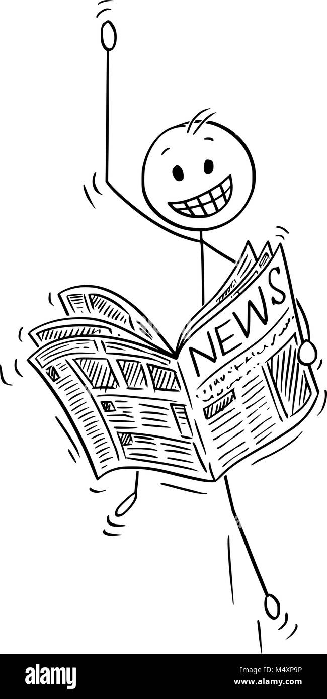 Cartoon of Happy Businessman Reading Good News in Newspaper Stock Vector