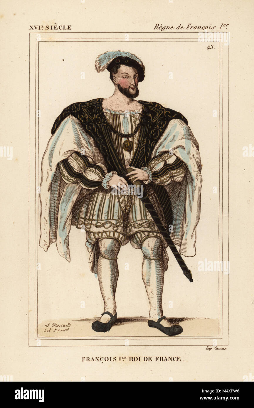 King Francis I of France. Francois I, roi de France, 1494-1547. He wears a white manteau and black cassock over a tunic pourpoint. Drawn and lithographed by Leopold Massard after an original portrait in Roger de Gaignieres' portfolio VIII 1 and 2 from Le Bibliophile Jacob aka Paul Lacroix's Costumes Historiques de la France (Historical Costumes of France), Administration de Librairie, Paris, 1852. Stock Photo