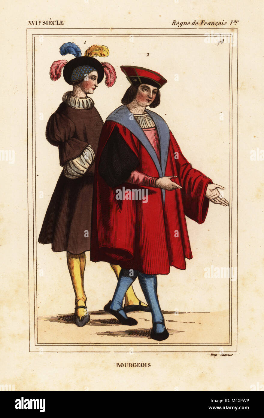 Fashions of bourgeois men of Paris, reign of King Francis I of France. Handcoloured lithograph after a miniature in a manuscript in the Bibliotheque Nationale (Nicolas Xavier Willemin II 191) from Le Bibliophile Jacob aka Paul Lacroix's Costumes Historiques de la France (Historical Costumes of France), Administration de Librairie, Paris, 1852. Stock Photo