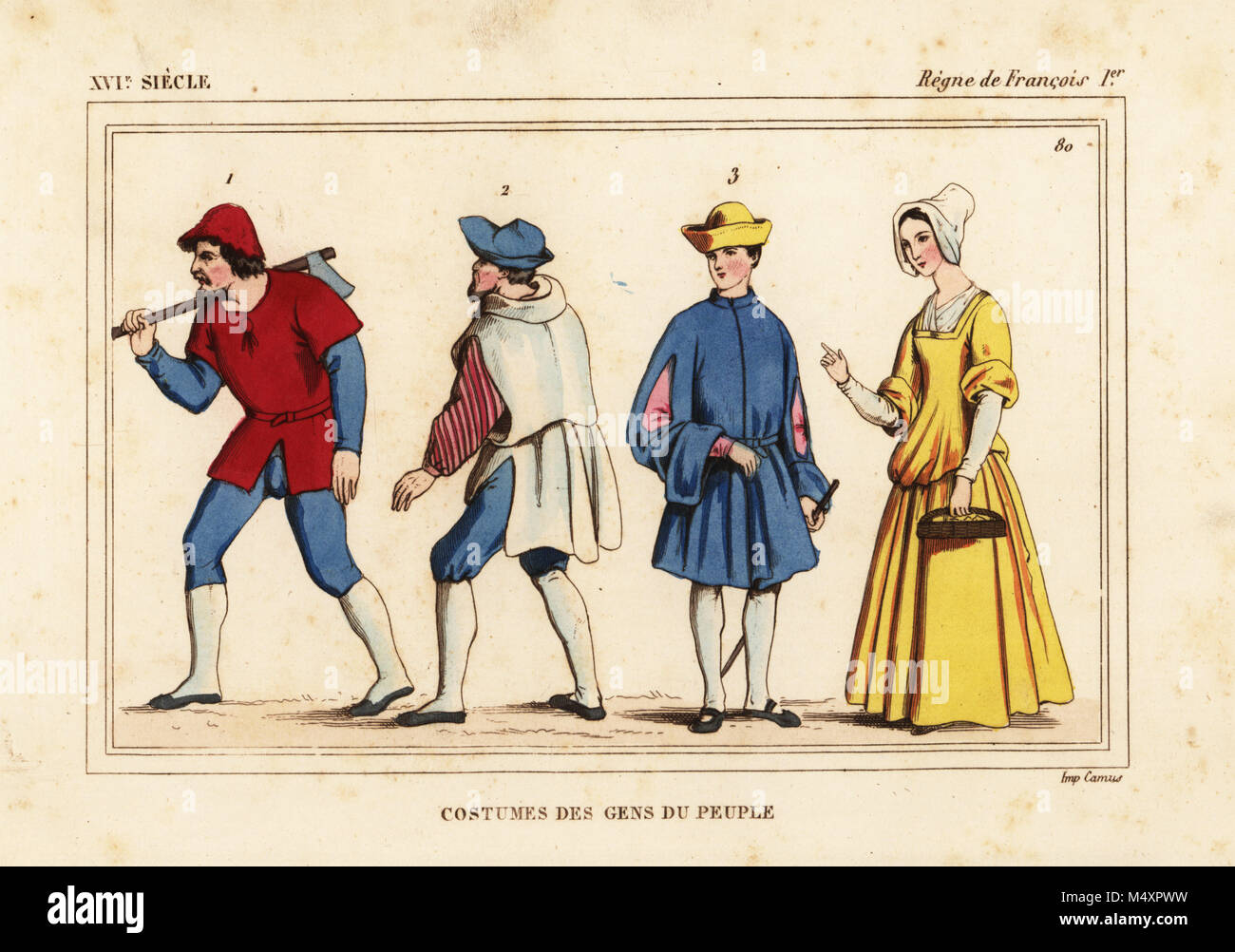 Worker with large axe, artisan, merchant and woman of Paris. Costumes of the people of Paris, reign of King Francis I of France. Handcoloured lithograph after figures in Roger de Gaignieres' portfolios from Le Bibliophile Jacob aka Paul Lacroix's Costumes Historiques de la France (Historical Costumes of France), Administration de Librairie, Paris, 1852. Stock Photo