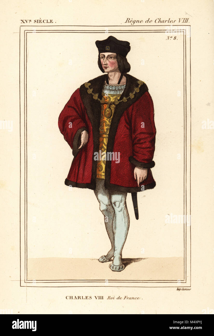 King Charles VIII of France, the Affable, 1470-1498. He wears a black chapel hat and red velvet cassock trimmed with fur and with long sleeves. Handcoloured lithograph after a contemporary portrait in Roger de Gaignieres' portfolio VII 54 from Le Bibliophile Jacob aka Paul Lacroix's Costumes Historiques de la France (Historical Costumes of France), Administration de Librairie, Paris, 1852. Stock Photo