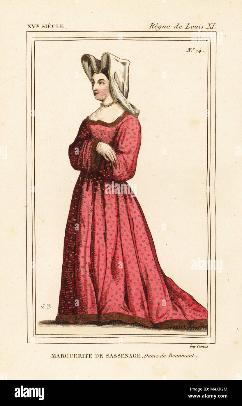 Marguerite de Sassenage, Lady Beaumont, mistress of the dauphin, later King Louis XI of France, d. 1471. Handcoloured lithograph by Leopold Massard from Le Bibliophile Jacob aka Paul Lacroix's Costumes Historiques de la France (Historical Costumes of France), Administration de Librairie, Paris, 1852. Stock Photo