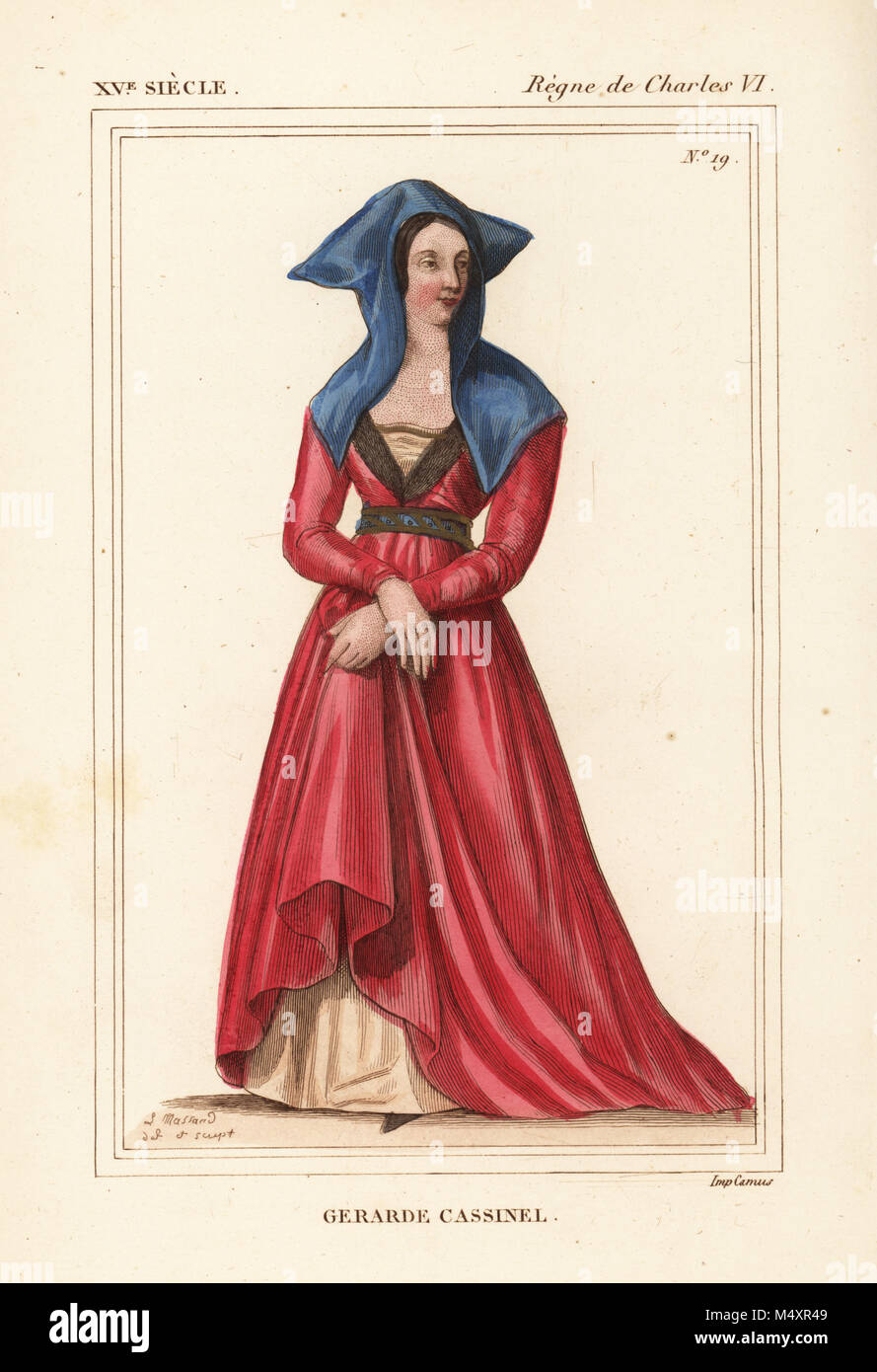 Gerarde Cassinel, lady of honour to Queen Isabelle of Bavaria, daughter of Guillaume III Cassinel, chamberlain to King Charles VI, 15th century. Handcoloured lithograph by Leopold Massard after manuscript 6829 in the Bibliotheque Nationale from Le Bibliophile Jacob aka Paul Lacroix's Costumes Historiques de la France (Historical Costumes of France), Administration de Librairie, Paris, 1852. Stock Photo