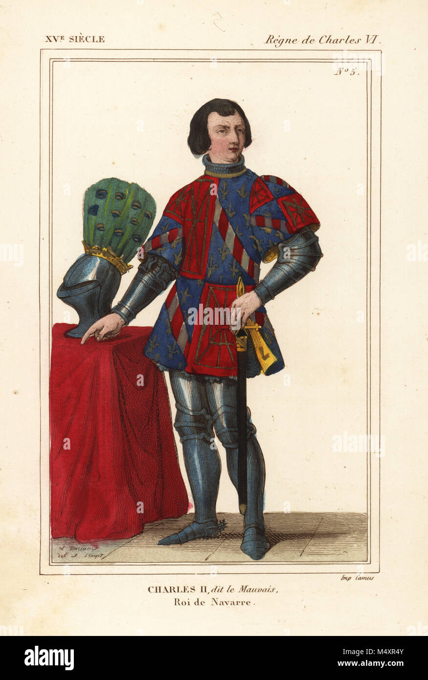 King Charles II of Navarre, le Mauvais, comte d'Evreux, 1332-1387.  Handcoloured lithograph by Leopold Massard after a stained-glass window in  Notre-Dame d'Evreux in Roger de Gaignieres' portfolio V 19 from Le  Bibliophile