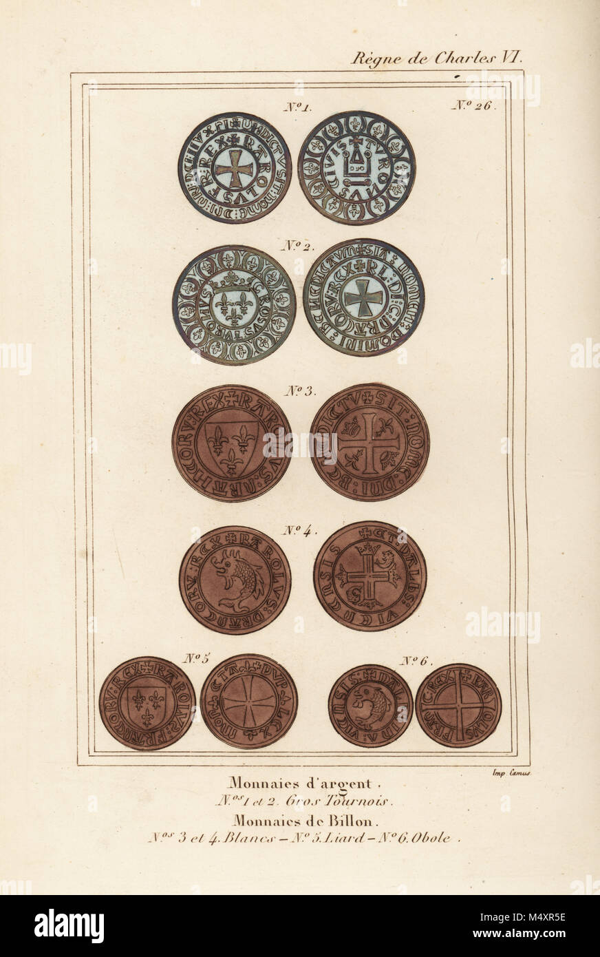 French medieval silver (argent) and copper (billon) coins with coat of arms: gros tournois 1,2, blancs 3,4, liard 5, and obole 6. Handcoloured lithograph from Le Bibliophile Jacob aka Paul Lacroix's Costumes Historiques de la France (Historical Costumes of France), Administration de Librairie, Paris, 1852. Stock Photo