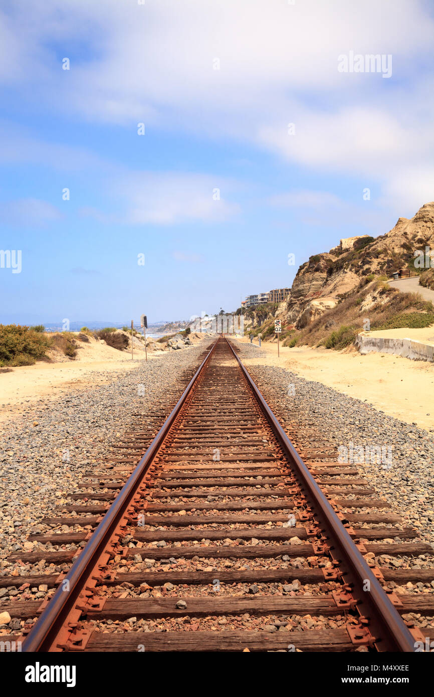 Train tracks run through San Clemente State Beach Stock Photo