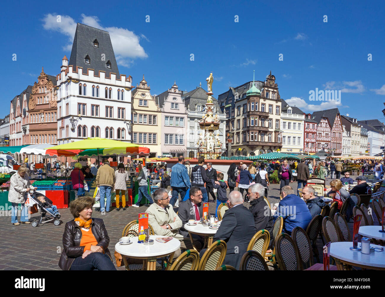 Street cafe at main market, historical houses, Petrus fountain, Trier, Rhineland-Palatinate, Germany, Europe Stock Photo