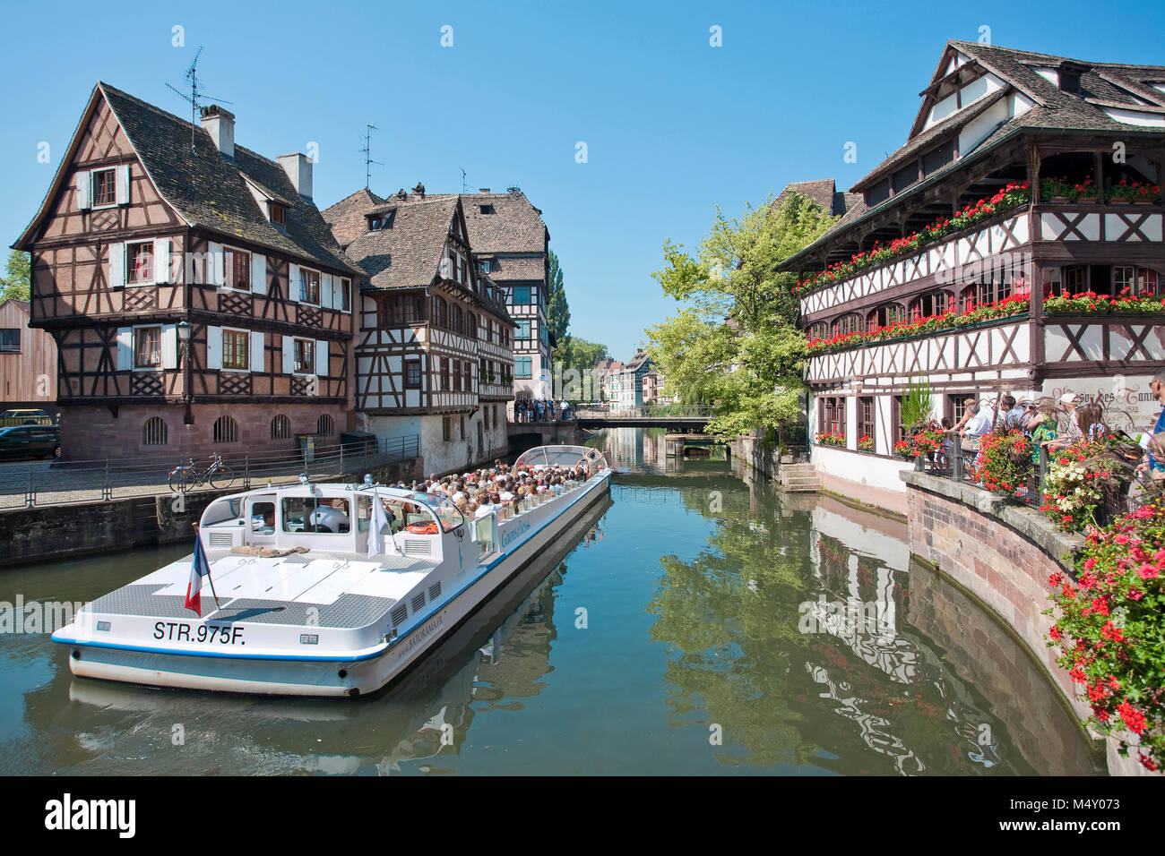 Boat trip on Ill river, La Petite France (Little France), right side the restaurant Maison des Tanneurs, Strasbourg, Alsace, France, Europe Stock Photo