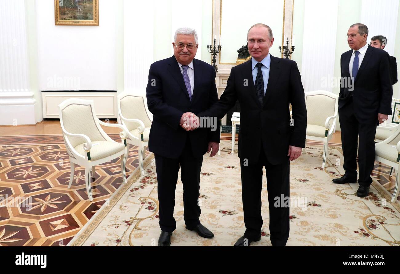 Palestine Authority President Mahmoud Abbas is welcomed by Russian President Vladimir Putin before their bilateral meeting at the Kremlin February 12, 2018 in Moscow, Russia. Stock Photo