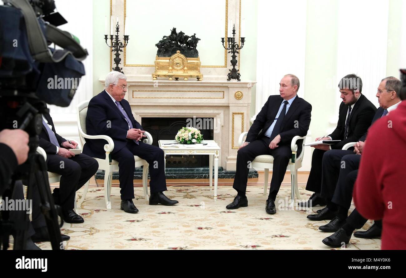 Palestine Authority President Mahmoud Abbas during a bilateral meeting with Russian President Vladimir Putin at the Kremlin February 12, 2018 in Moscow, Russia. Stock Photo
