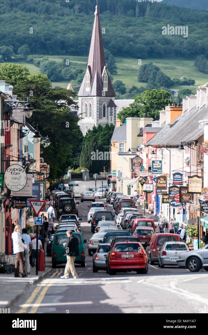 Busy Henry Street in Kenmare in County Kerry, Southern Ireland. Kenmare, a small tourist town is the main gateway to both the Beara Ring and Kerry Stock Photo