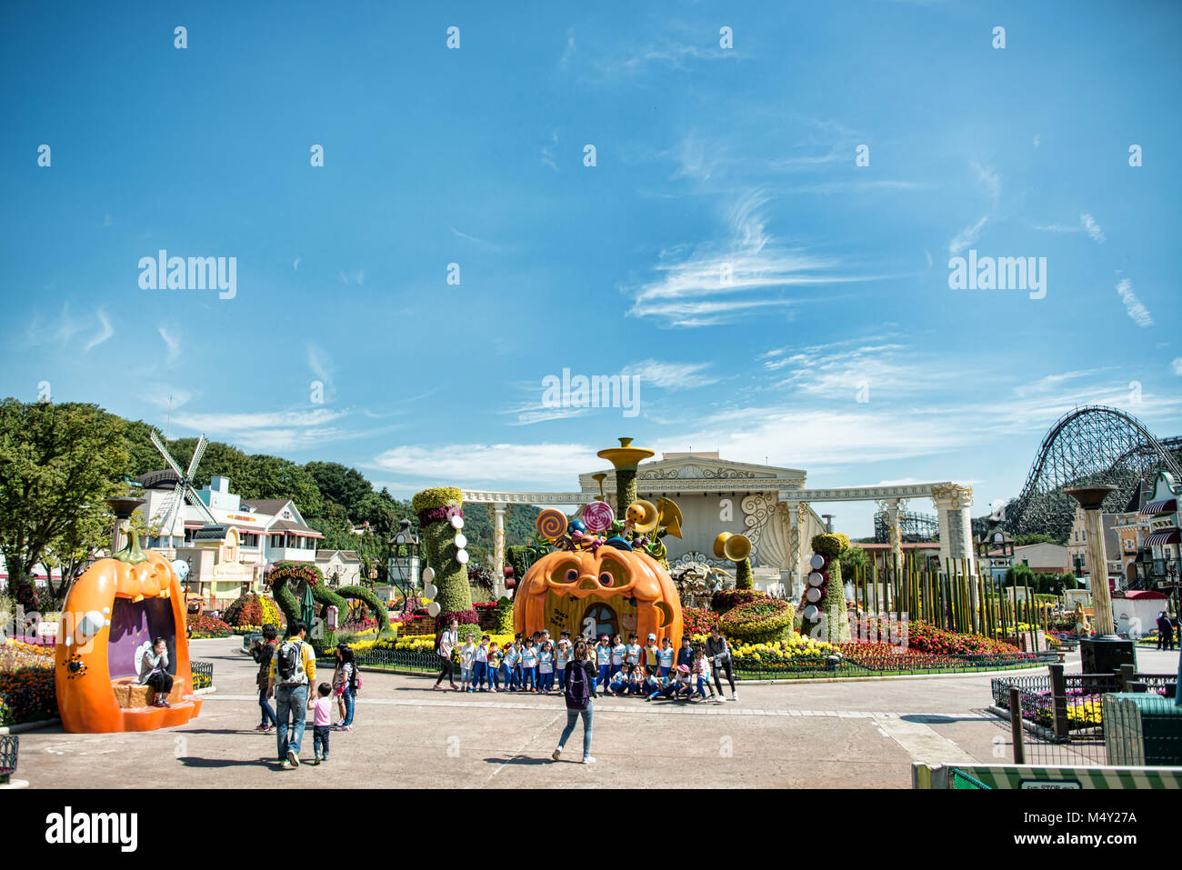 The Architecture and unidentified tourists are in Everland Resort Stock Photo