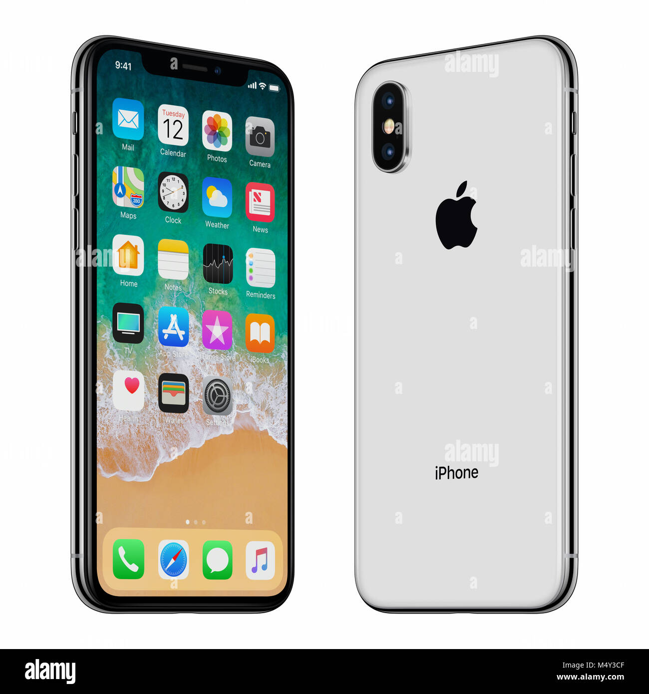 Black Apple iPhone X front side and back side turned towards each other. Stock Photo
