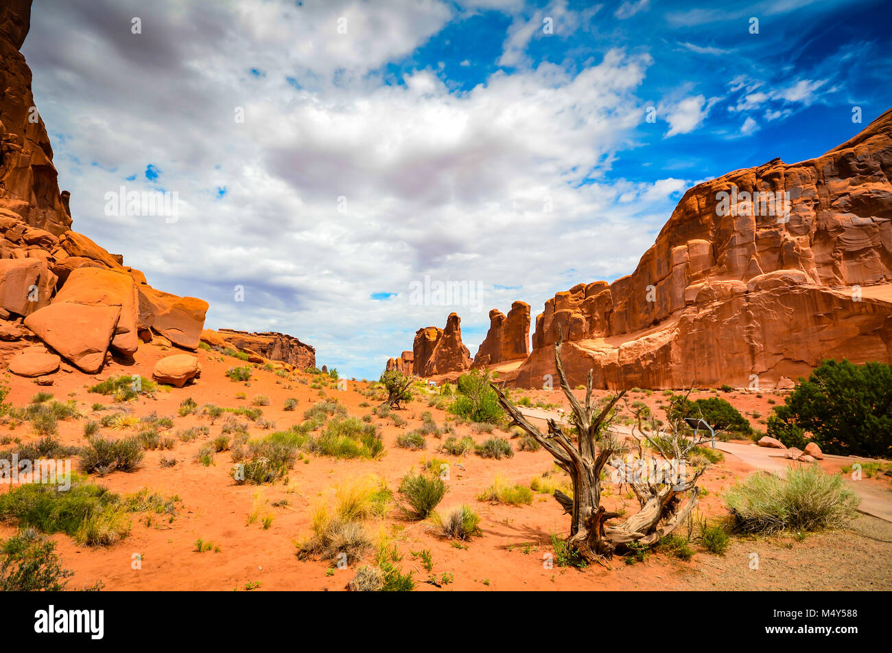 The Park Avenue Trail is one of the first major attractions within Arches National Park. It is a one-mile trail that follows the bottom of a canyon at Stock Photo