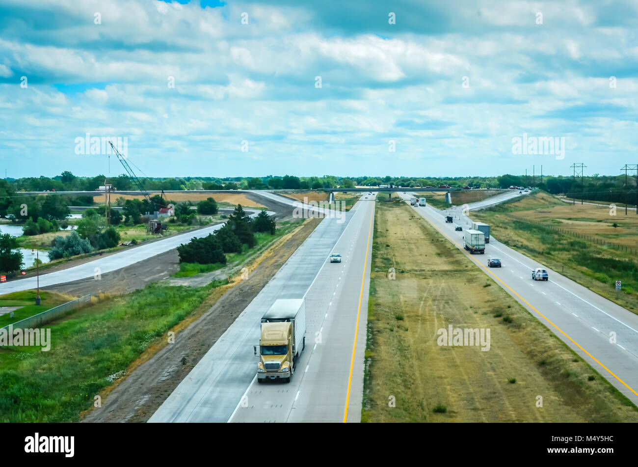 Interstate 80 highway seen from overlook at Great Platte River Road Archway Monument Museum in Kearney, Nebraska. Stock Photo