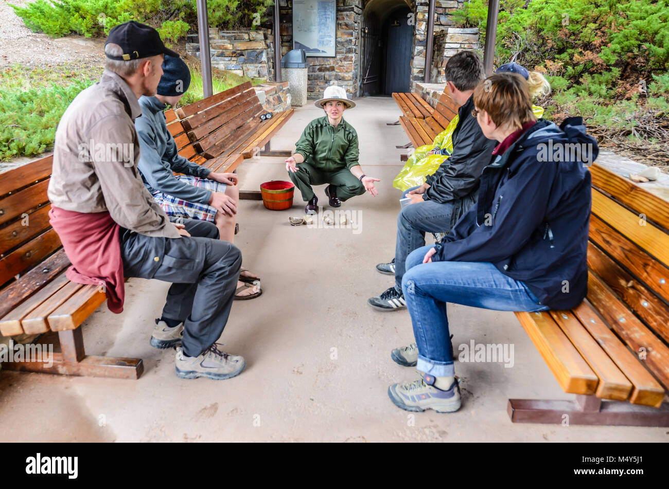 Park ranger educates tour group before taking them on a guided tour of Lehman Caves. Stock Photo