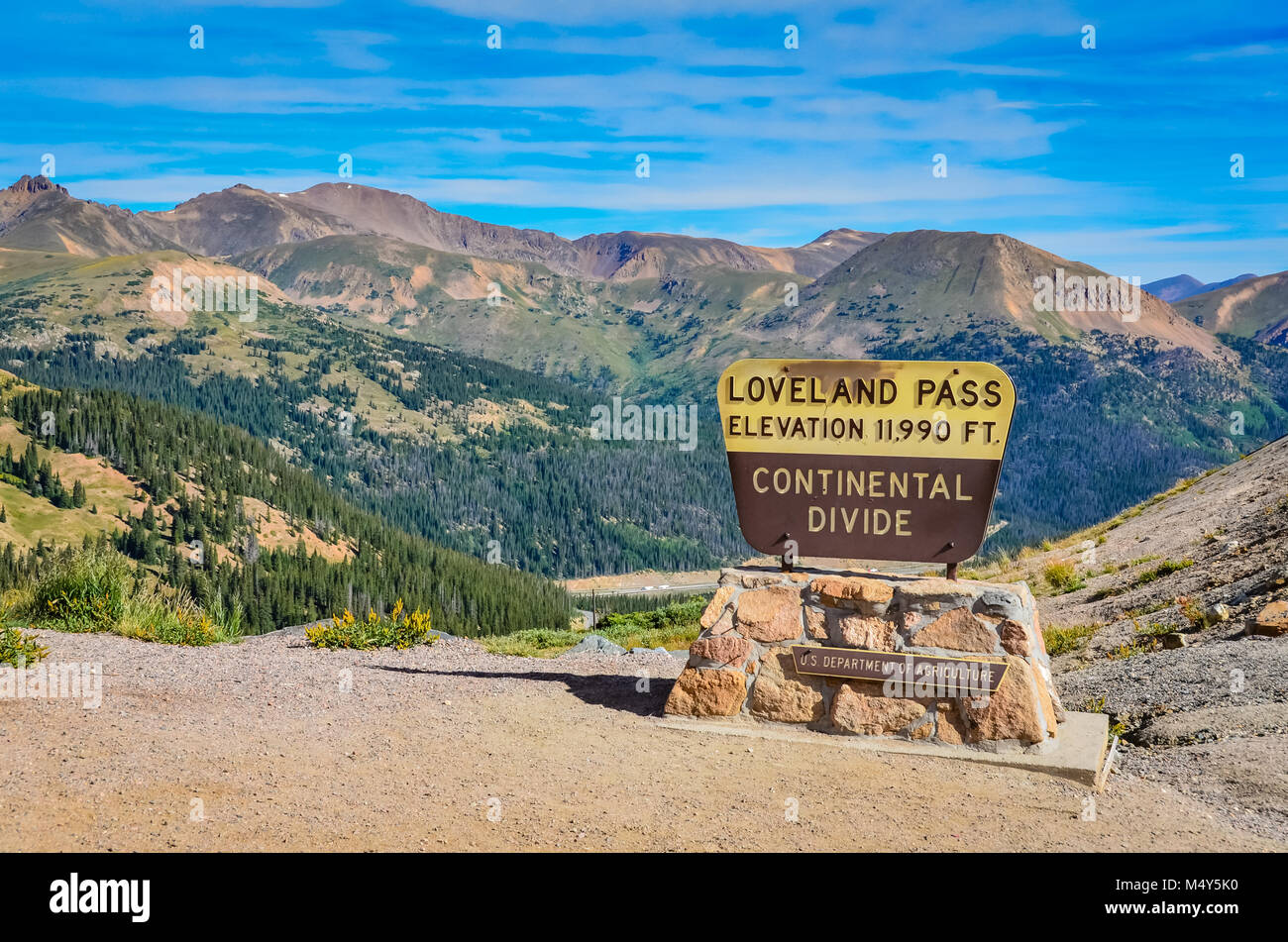 Loveland Pass is a high mountain pass in the western USA, at an elevation of 11,990 feet above sea level in the Rocky Mountains of Colorado. Stock Photo