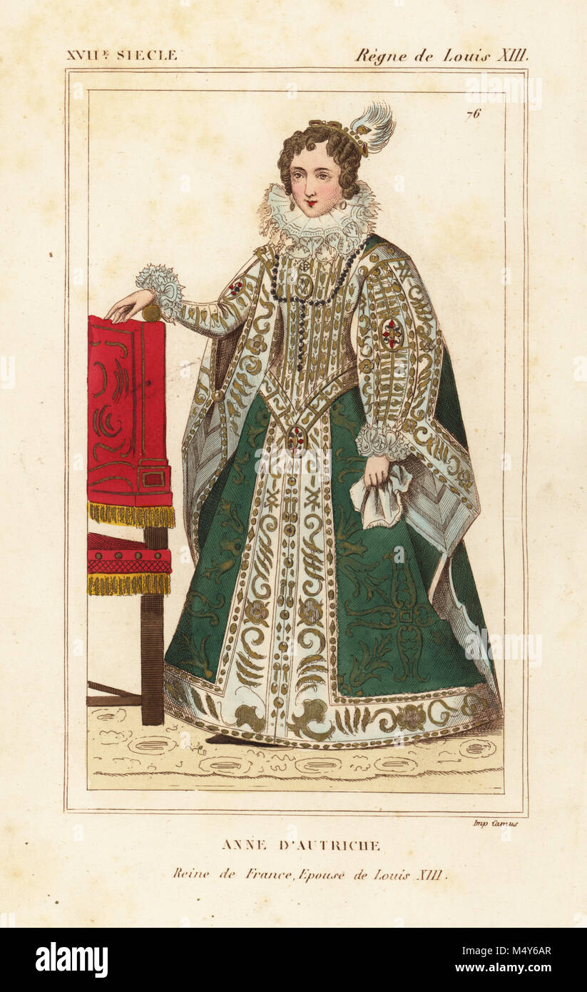 Anne of Austria, queen of France, wife to King Louis XIII of France. Handcoloured lithograph after a painting by Philippe de Champaigne from Le Bibliophile Jacob aka Paul Lacroix's Costumes Historiques de la France (Historical Costumes of France), Administration de Librairie, Paris, 1852. Stock Photo