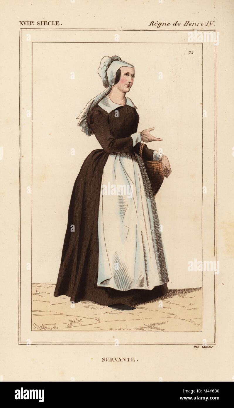 Costume of a French female servant, reign of King Henry IV. Handcoloured lithograph after a 1602 print from Le Bibliophile Jacob aka Paul Lacroix's Costumes Historiques de la France (Historical Costumes of France), Administration de Librairie, Paris, 1852. Stock Photo
