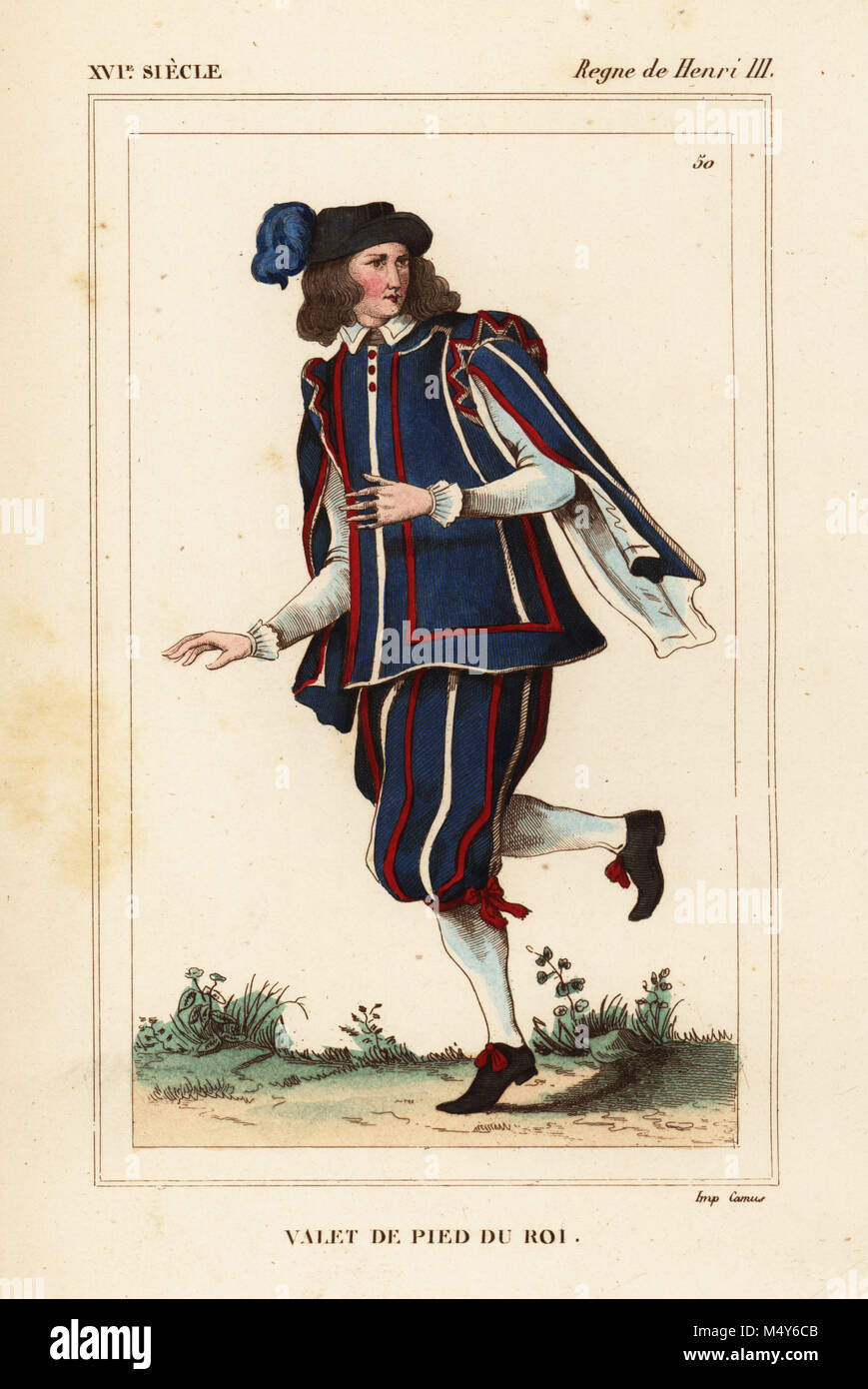 House servant to the king in livery, reign of Henri III of France. Handcoloured lithograph  after a portrait in Roger de Gaignieres' gallery portfolio IX 134 from Le Bibliophile Jacob aka Paul Lacroix's Costumes Historiques de la France (Historical Costumes of France), Administration de Librairie, Paris, 1852. Stock Photo