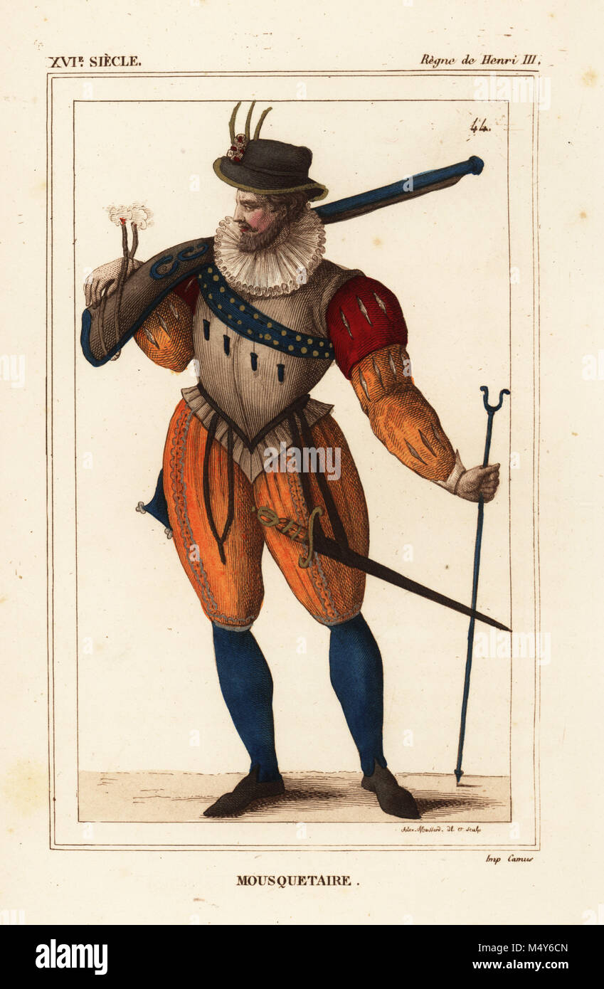 Musketeer, 1586, reign of King Henri III of France. Drawn and lithographed by Alexandre Massard after a portrait in Roger de Gaignieres' gallery portfolio IX 154  from Le Bibliophile Jacob aka Paul Lacroix's Costumes Historiques de la France (Historical Costumes of France), Administration de Librairie, Paris, 1852. Stock Photo