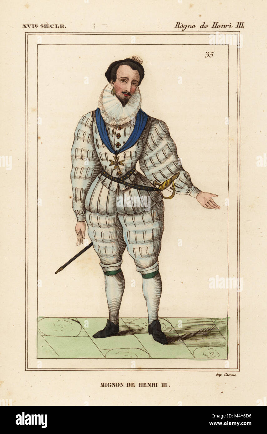 A Mignon, one of the dainty ones at the court of King Henri III of France. Handcoloured lithograph after a caricature in Roger de Gaignieres' gallery portfolio IX 59 from Le Bibliophile Jacob aka Paul Lacroix's Costumes Historiques de la France (Historical Costumes of France), Administration de Librairie, Paris, 1852. Stock Photo