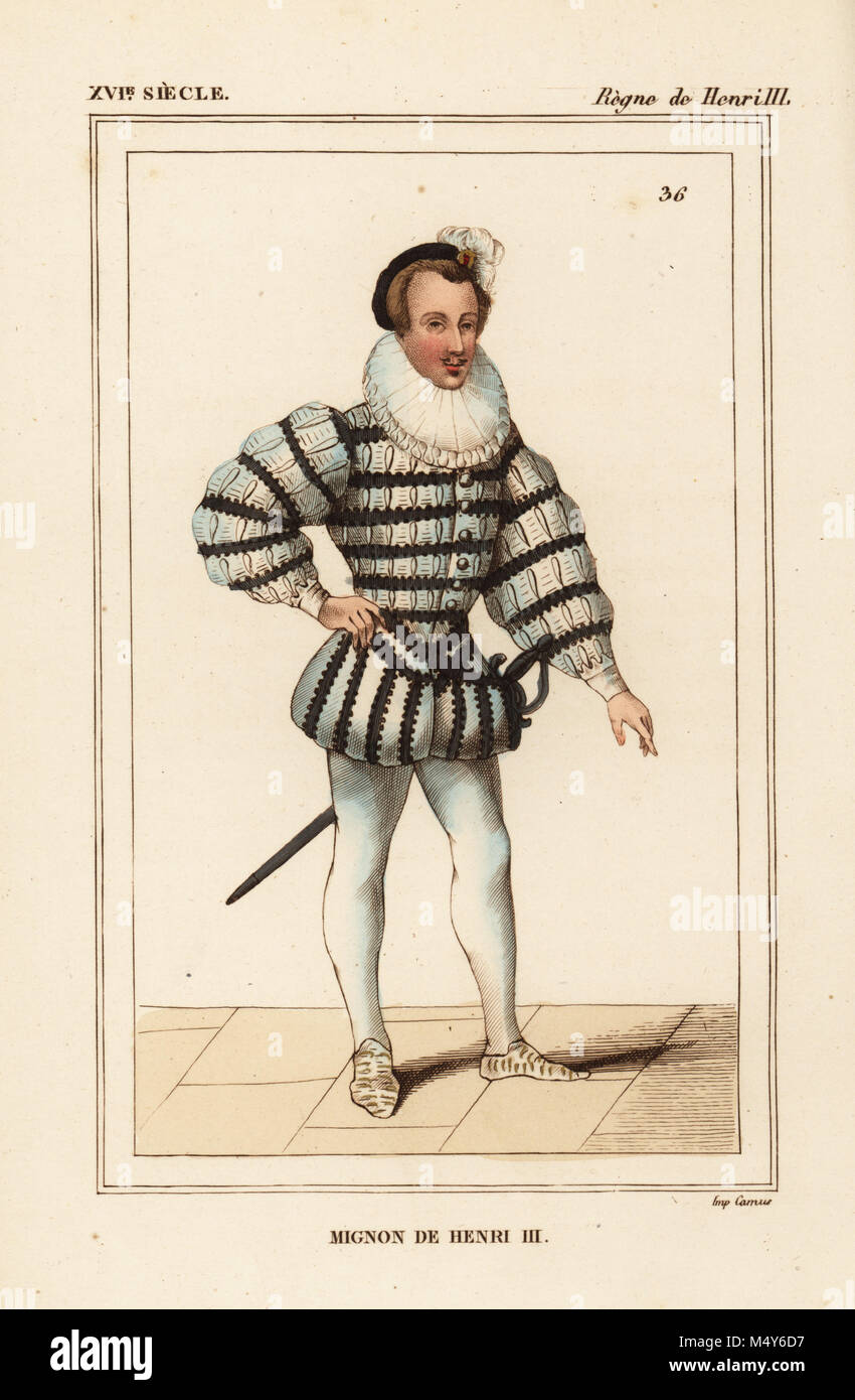 A Mignon, one of the dainty ones at the court of King Henri III of France. Handcoloured lithograph after a caricature in Roger de Gaignieres' gallery portfolio IX 76 from Le Bibliophile Jacob aka Paul Lacroix's Costumes Historiques de la France (Historical Costumes of France), Administration de Librairie, Paris, 1852. Stock Photo