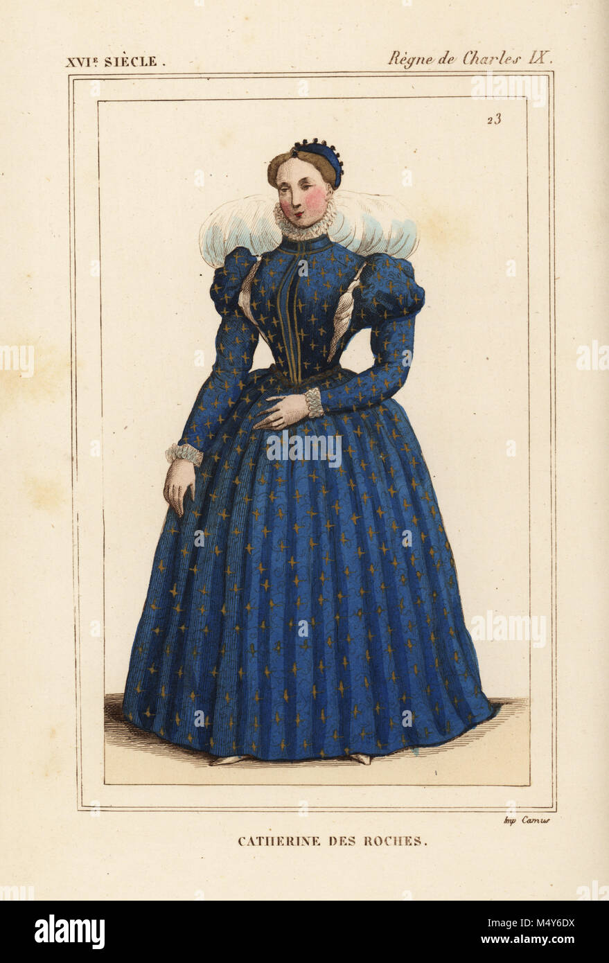 Catherine des Roches, daughter of Madeleine Neveu, writer, reign of King Charles IX of France. Handcoloured lithograph after a portrait in Roger de Gaignieres' gallery portfolio IX 44 from Le Bibliophile Jacob aka Paul Lacroix's Costumes Historiques de la France (Historical Costumes of France), Administration de Librairie, Paris, 1852. Stock Photo