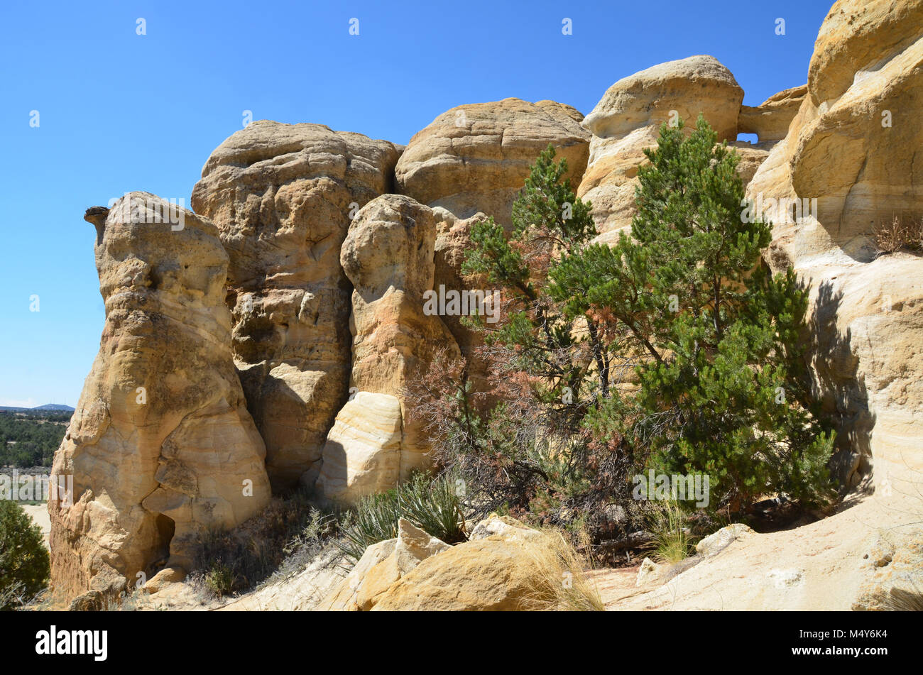 Sandstone rock formations, including a tiny arch, near Aztec, New Mexico. Stock Photo