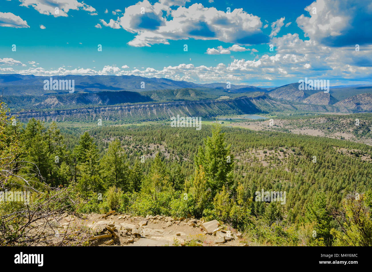 View of Chaco Canyon, home of the Pueblo Indians, from Chimney Rock National Monument in San Juan National Forest in southwestern Colorado. Stock Photo