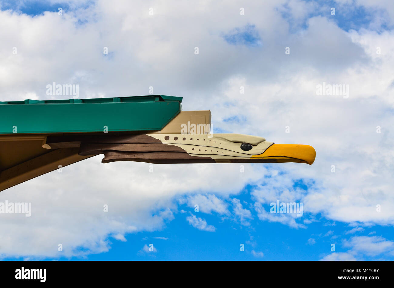 Architectural detail painted to look like a fierce eagle atop the Hualapai Lodge. Stock Photo