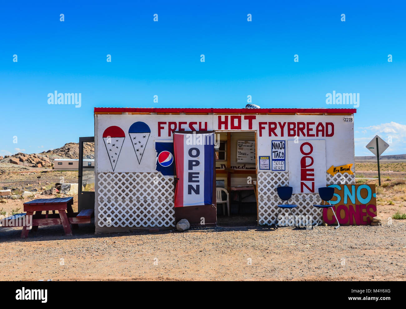 Navajo Indian hot fry bread shack at Four Corners Monument. Stock Photo