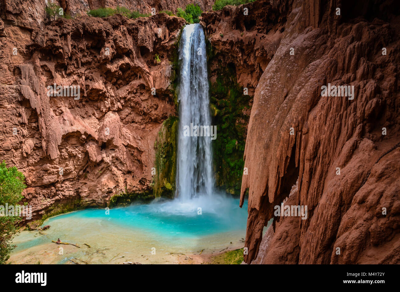 Turquoise blue Mooney Falls cascades down a 210 foot red rock wall. Stock Photo