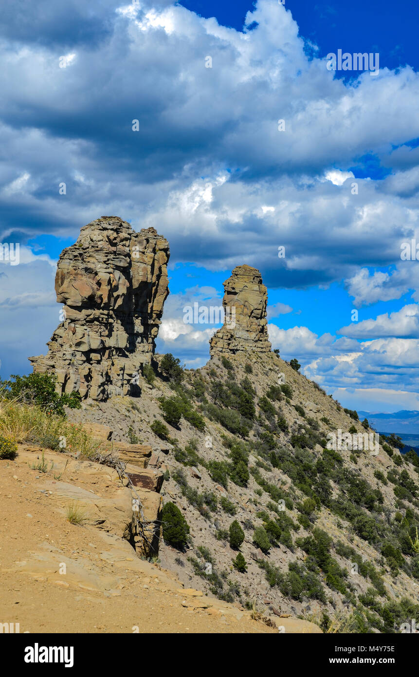 Vertical view of namesake spires at Chimney Rock National Monument in San Juan National Forest in southwestern Colorado. Stock Photo