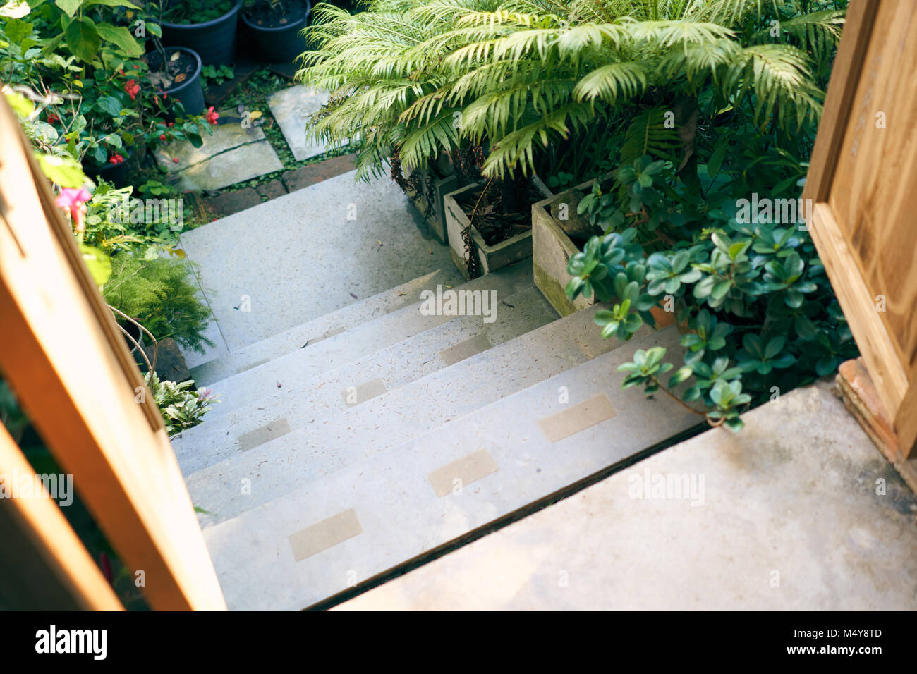 Down The Stairs In Vintage Style There Are Low Shrub Trees Adorn The Stock Photo Alamy
