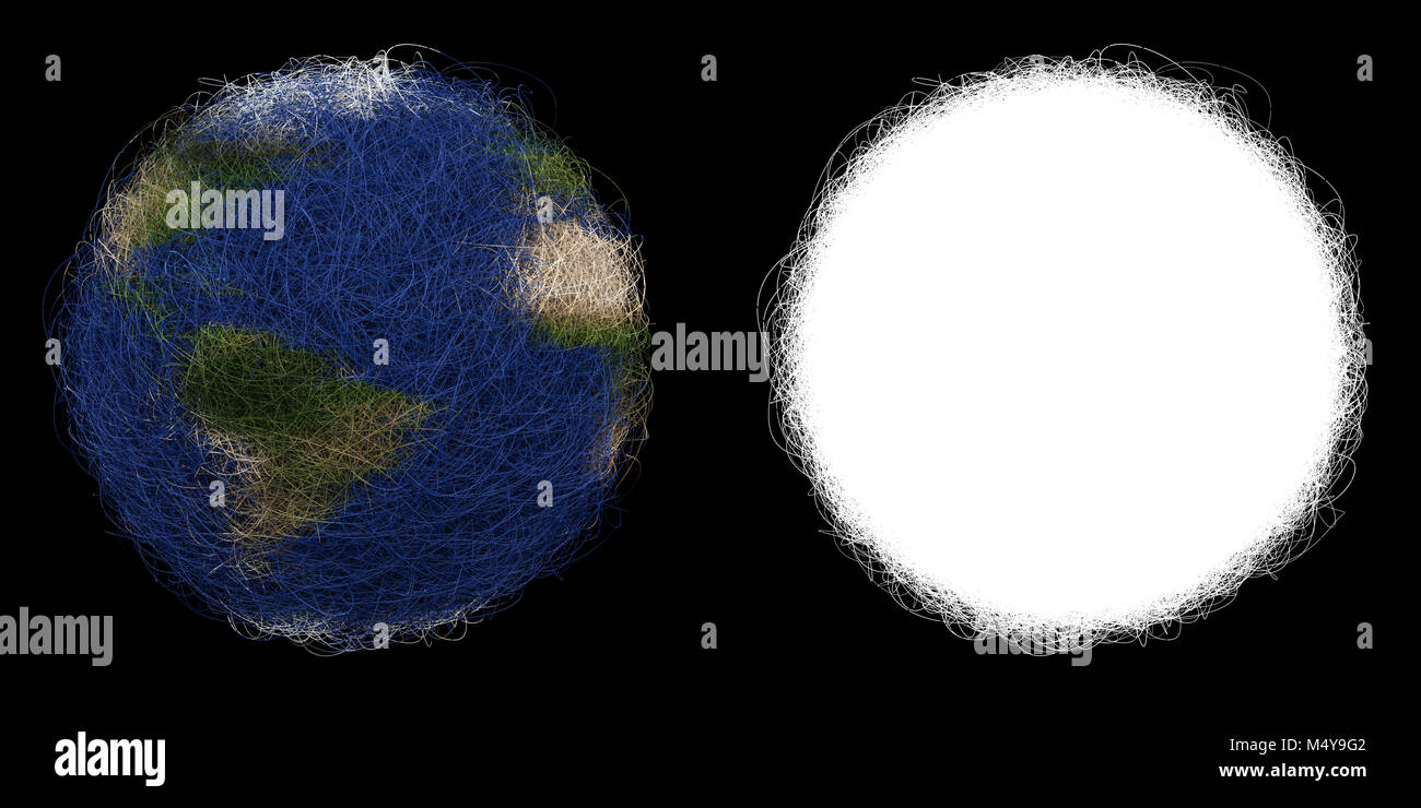 A 3D rendering of the planet Earth represented as a tangled ball of hair or thread, together with an alpha channel. Stock Photo