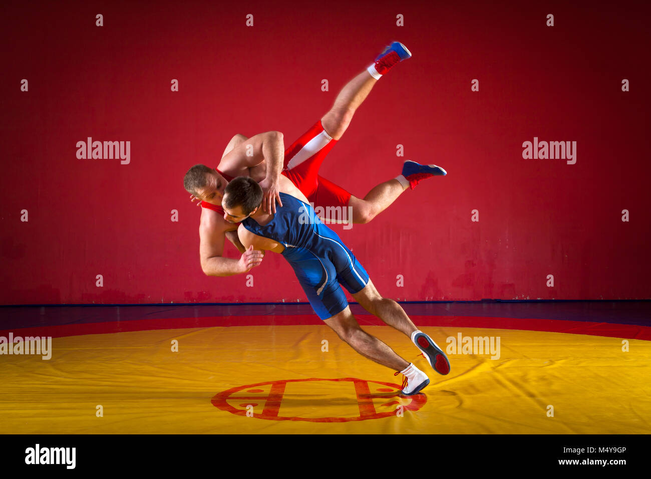 Two strong wrestlers in blue and red wrestling tights are wrestlng and