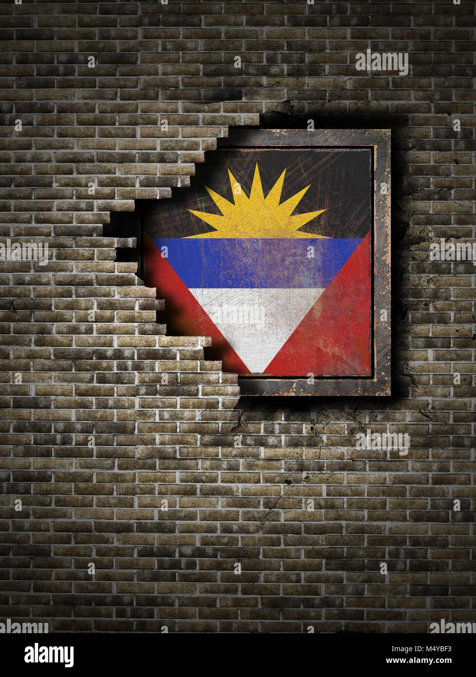 3d rendering of an Antigua and Barbuda flag over a rusty metallic plate ...